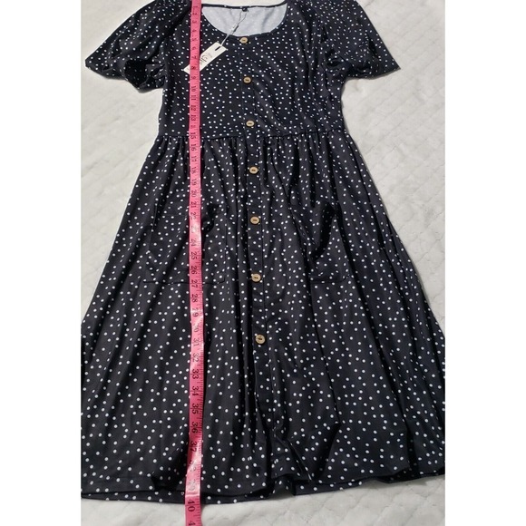 Kilig Polka-dot Midi Dress Women's Black Medium Long Sleeve Faux Button Pockets - Picture 8 of 9
